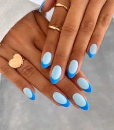 Bright Trendy Nails, Orange Nails Oval, Neon French Tip Nails, Two Color French Tip Nails, Light Blue Nails, Baby Blue Nails, Broken Nails, Nagel Tips