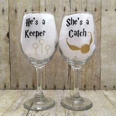 two wine glasses with the words he's a keeper and she's a catch on them