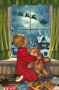 a painting of a child holding a teddy bear in front of a window with santa's sleigh