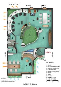 the floor plan for an office with seating areas and desks, as well as a pool