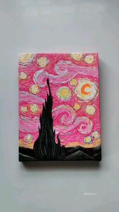 a painting on a white wall with a pink sky and stars in the night time