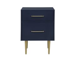 a blue nightstand with two drawers and gold pulls on the bottom, against a white background