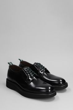 Lace up shoes in black leather, almond toe, laces, pull tab on backside, brushed leather, rubber outsole, 100% leather, Made in Italy George Green, Barbour Steve Mcqueen, Top Designer Brands, Up Shoes, High End Fashion, Online Bags, Pull Tab, Lace Up Shoes, Loafer Shoes