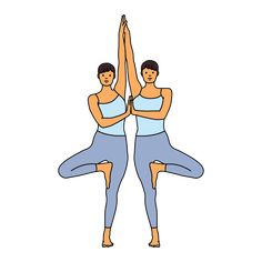 two women doing yoga poses with their hands in the air