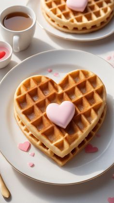 two heart shaped waffles on white plates with pink hearts