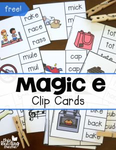 a pile of cards with the words magic e and clip cards