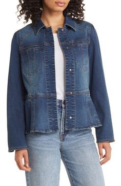 Add a light layer to your look with this stretchy denim jacket featuring covered snaps and a peplum to highlight your waist. 24 1/2" length (size Medium) Spread collar Snap cuffs 54% cotton, 23% rayon, 21% polyester, 2% spandex Machine wash, line dry Imported Spring Denim Jacket For Layering, Stretch Denim Blue Top For Fall, Fitted Denim Top With Snap Buttons For Spring, Stretch Denim Top For Fall, Fitted Light Wash Denim Jacket With Snap Buttons, Fabric Gift Bags, Fabric Gifts, Free Fabric, Denim Jacket