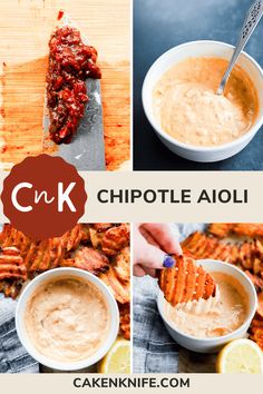 a collage of photos showing how to make chipotle aioli