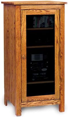 a wooden entertainment center with two shelves and a dvd player in the bottom shelf,