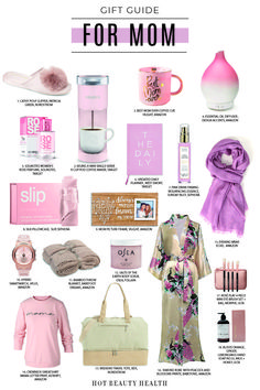 the gift guide for mom is shown in pink and white, including items from her mother's wardrobe