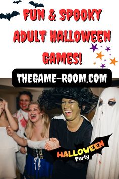 a group of people dressed up as witches and ghostes with text that reads fun & spooky adult halloween games the game - room com