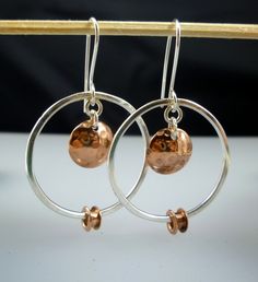 Artisan Made Sterling Silver and Copper Dangle hoop by Belldesigns, $40.00 Metal Jewellery, Mixed Metal Jewelry, Disc Earrings, Mixed Metals, Cute Earrings, Designer Earrings, Metal Jewelry, Earrings Handmade, Alex And Ani Charm Bracelet