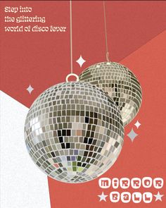 two disco ball ornaments hanging from strings on a red and white background