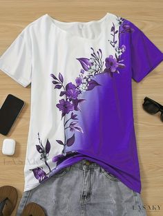 Lasaky - Colorblock Floral Print Plus Size Casual T-shirt for Women - Featuring Short Sleeves, Irregular Neckline, and Sleek Stretch Fabric Summer Purple Patchwork Top, Purple Patchwork Short Sleeve Top, High Quality Clothing, Tops Casual, Short Sleeve Tunic, Floral Print Shorts, T Shirt For Women, Tunic Blouse, Casual T Shirt