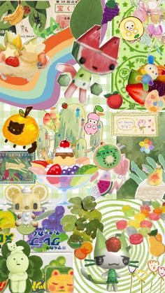 a collage of various stickers and pictures on a cell phone screen, with the caption's name in japanese