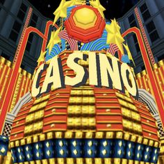 the casino sign is surrounded by gold stars and red, blue, and yellow decorations