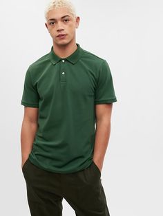 Stretch Pique Polo Shirt | Gap Factory Casual Green Relaxed Fit Polo Shirt, Green Relaxed Fit Polo Shirt, Solid Relaxed Fit Polo T-shirt, Relaxed Fit Polo Collar Cotton T-shirt, Fitted Moisture-wicking Polo Collar T-shirt, Knit Short, Pique Polo Shirt, Rib Knit, Gap