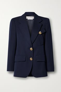 Alexander McQueen's blazer is modeled after traditional military jackets. Made from structured navy wool-twill, it has face-framing padded shoulders and gold-tone buttons decorated with the label's new seal motif. The satin lining ensures smooth layering. Outfit Outer, Jean Trench Coat, Military Blazer, Military Jackets, Mens Outdoor Jackets, Navy Blue Suit, Navy Blue Blazer, Face Framing, Blue Suit