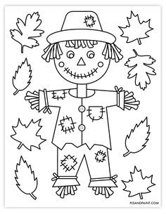 a coloring page with a scarecrow and leaves