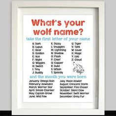 a framed poster with the words what's your wolf name?