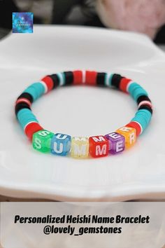 Handmade Personalized Heishi Letter Bracelet. Beautiful, simple and elegant dainty bracelet, made in Southwestern colors, like: red, light blue, white and black, finished with colorful plastic glass beads letters with any customized, personalized message of your choice. This colorful and joyful bracelet would be a perfect small gift for teacher, coworker, wife, girlfriend, sister, daughter, mom, best friend, teenager or just a simple present for yourself. #namebracelet #heishijewelry Gift For Teacher Coworker, Beads Letters, Small Teacher Gifts, Heishi Jewelry, Southwestern Colors, Mom Best Friend