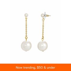 in stock White Metal Earrings With Pearl Chain, White Pearl Chain Earrings In Metal, White Metal Chain Earrings, Elegant White Chain Earrings, Pearl Chain, Online Earrings, White Fashion, Post Earrings, Gold Tones