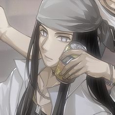 an anime character with long black hair holding a drink in one hand and looking at the camera