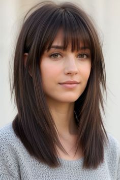 29+ Bangs Hairstyles Ideas 3 Medium Length Straight Hair With Layers And Bangs, Haircut Shoulder Length Straight, Straight Layered Hair With Bangs, Low Maintenance Bangs, Long Bob Hairstyles With Bangs, Bangs Hairstyles Ideas, Subtle Bangs, Medium Length With Bangs, Lob Haircut With Bangs