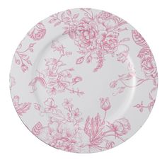 French Toile Acrylic Charger Plate - Pink Pink Chargers Table Settings, Wedding Disposable Plates, Pink Charger Plates, Vintage Plates Wedding, Pink Charger, Wedding Chargers, Toile Plates, Acrylic Charger Plates, Chargers Plates