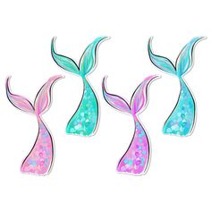 three little mermaid tails stickers on a white background with blue, pink and green colors