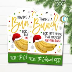 two christmas gift tags with bananas on them