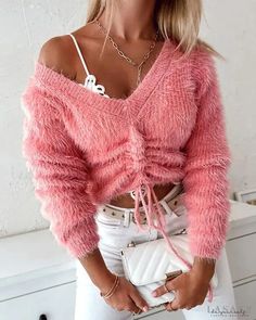 Lasaky - Fuzzy Drawstring Long Sleeve Knit Sweater Cardigan Rosa, Y2k Long Sleeve, Fuzzy Cardigan, Cardigan Casual, Chic Type, Plus Size Cardigans, Long Sleeve Knit Sweaters, Casual Cardigans, Soft Sweater