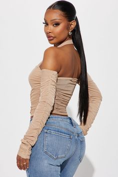 Available In Taupe. Halter Neckline Off Shoulder Long Sleeve Ruched Detail Mesh Stretch Self 95% Polyester 5% Spandex Lining 100% Polyester Imported | Charlette Mesh Top in Taupe size Small by Fashion Nova Ruched Stretch Crop Top For Fall, Stretch Ruched Crop Top For Fall, Fall Stretch Ruched Crop Top, Taupe Fashion, Knit Tops, Halter Neckline, Mesh Top, Fashion Nova, Off Shoulder