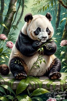 a painting of a panda bear eating bamboo