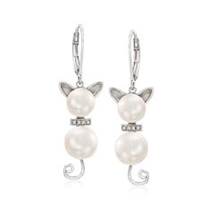 7.5-9mm Cultured Pearl and Diamond-Accented Cat Drop Earrings in Sterling Silver | Ross-Simons Silver Cat Pendant, White Pearl Jewelry, Emerald Earrings Drop, Cultured Pearl Ring, Pearl Birthstone, Cat Pendant Necklace, Sterling Silver Cat, Pearl Jewelry Sets, Cat Ear