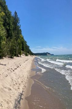 a sandy beach next to the ocean with trees on both sides and blue sky in the background