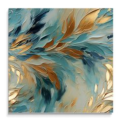 an abstract painting with gold, blue and green leaves on the bottom half of it