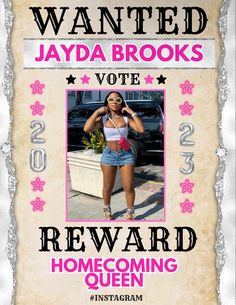 the wanted poster for jayda brooks's reward is shown in pink and white