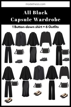 All black outfit ideas, black outfit ideas, more than 30 black outfit inspirations. Learn how to create 30+ outfits from just 13 pieces in this all black capsule wardrobe. All Black Capsule Wardrobe, Musician Clothes, Minimalist Aesthetic Outfit, Black Capsule Wardrobe, All Black Outfit Ideas, Black Shirt Outfits, Clothes Capsule Wardrobe, Building A Capsule Wardrobe, Black Outfit Ideas