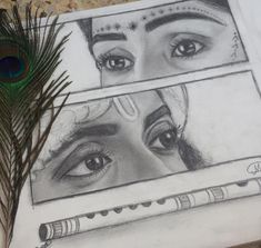 a pencil drawing of two women's eyes and a peacock feather