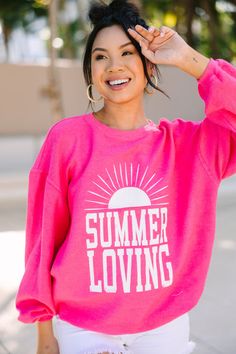 Are you a summer loving type of gal? We are too! Which is why we love this sweatshirt so much! It's so comfy and cute! We love that color too! This sweatshirt is perfect for styling with a pair of shorts or a pair of white jeans! This sweatshirt features long sleeves, corded fabric, a crew neckline, and a summer graphic. Material has a generous amount of stretch.Cindy is wearing the small. Summer Loving, Cruise Outfits, Cute Spring Outfits, Casual Work Outfits