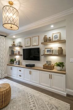 Tiny Living Room Ideas Storage In Open Plan Living, Floating Shelf By Tv, Flat Wall Tv Ideas, Floating Shelves By Tv Living Rooms, Tv Wall Open Shelves, White Shelving Living Room, Livingroom Wall Storage, Fake Built Ins Around Tv, Loungeroom Styling Layout