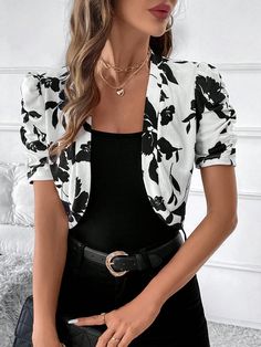 Black and White Casual Collar Half Sleeve Knitted Fabric Colorblock,Floral,All Over Print  Embellished Medium Stretch  Women Clothing Slavic Style, Polka Dot Jacket, Autumn Jacket, Bow Shorts, Black And White Floral, Women Midi, Black Party