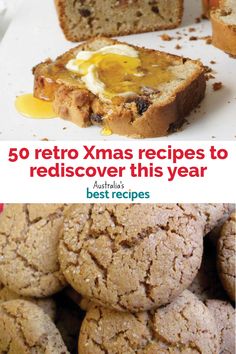 there are some cookies and breads on the table with text that reads, 50 retro xmas recipes to rediscover this year australia's best recipes