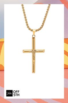 18K Gold Toned Cross Pendant Necklace Gold Spiritual Cross Necklace In Stainless Steel, Gold Stainless Steel Spiritual Cross Necklace, Gold Crucifix Jewelry With Box Chain, Gold Crucifix Box Chain Jewelry, Gold Crucifix Necklace With Box Chain, Gold Crucifix With Box Chain, Yellow Gold Stainless Steel Cross Pendant Necklace, Gold Stainless Steel Crucifix Jewelry, Gold Stainless Steel Cross Jewelry