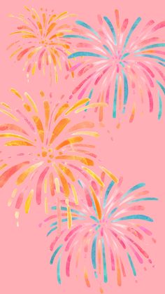 three colorful fireworks on a pink background