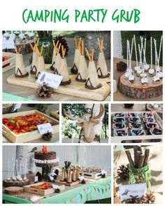 a collage of photos showing different types of food and decorations for a camping party