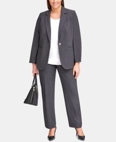 Plus Size One-Button Jacket & Straight-Leg Pants | macys.com Cardigan Outfit For Work, Plus Size Business Casual Outfits, Dress Cardigan Outfit, Plus Size Business Casual, Plus Size Business Attire, Smart Casual Women Outfits, Plus Size Business, Charcoal Suit, Smart Casual Women