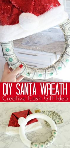 Easy DIY Santa Wreath – Great Idea for Giving Cash as a Gift! Creative Ways To Give Cash, Santa Wreath Diy, Cash As A Gift, Gift Card Presentation, Christmas Easy, Diy Santa, Creative Money Gifts, Santa Wreath, Christmas Money