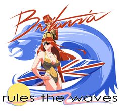 a woman in a bathing suit standing next to a surfboard with the words brilliant rules the waves